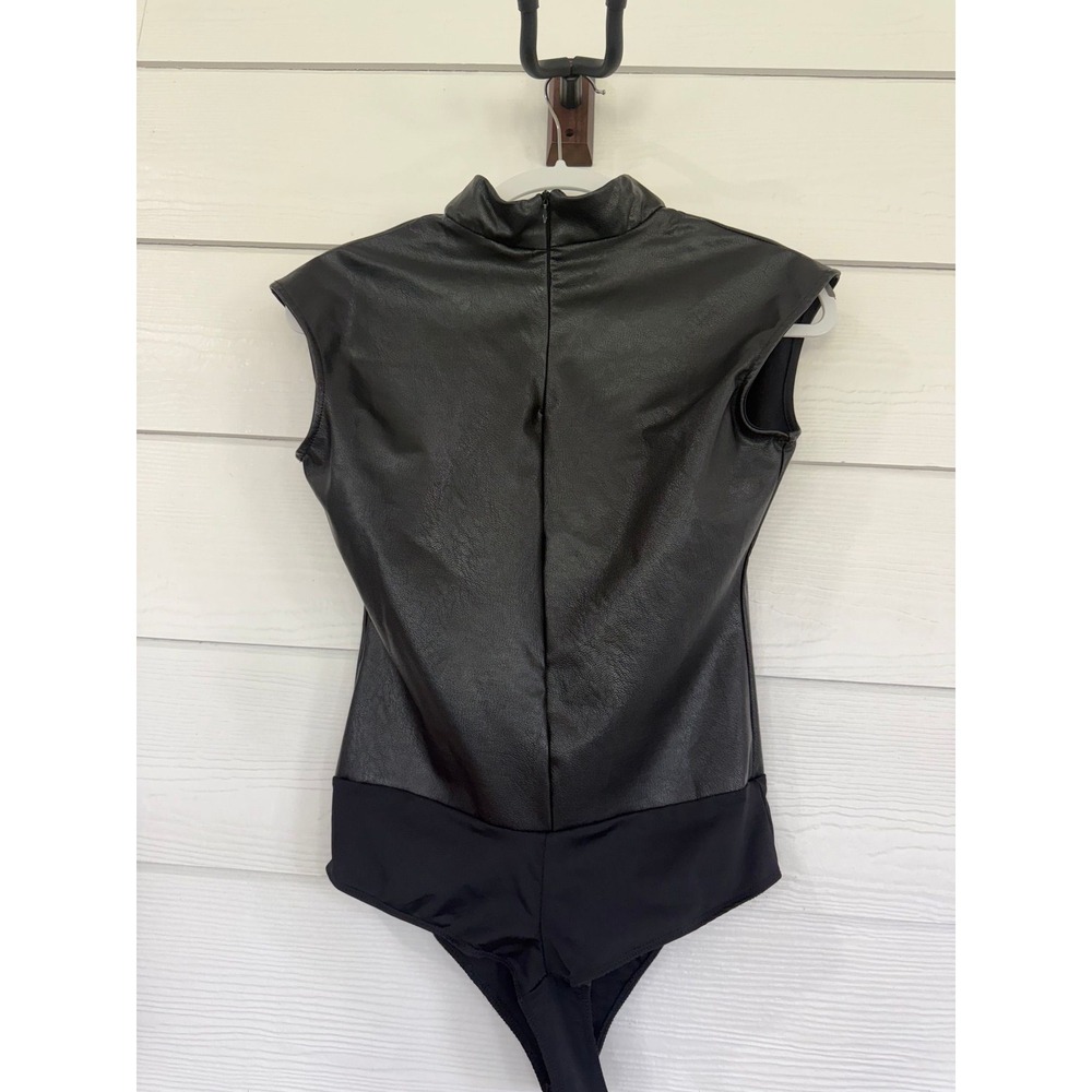 #B- 022- Olivaceous Black Faux Leather Mock Neck Bodysuit Cap Sleeve Zip Back